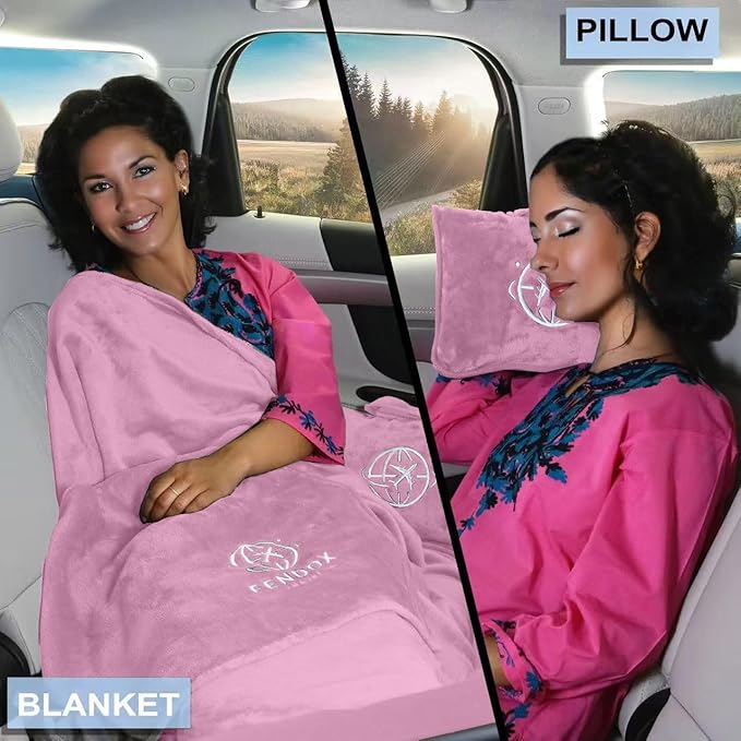 2-in-1 Travel Blanket and Pillow – Lightweight, Compact, Ultra Soft, Machine Washable – Handle, Luggage Sleeve, Backpack Clip – for Trave Airplane, Car, Office (Light Pink)