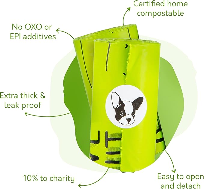 100% Certified Home Compostable Dog Poop Bags - 10% to Charity - ASTM D6400 & EN 13432 Compliant - 120 x Plant Based Compostable Poop Bags (8 Rolls)