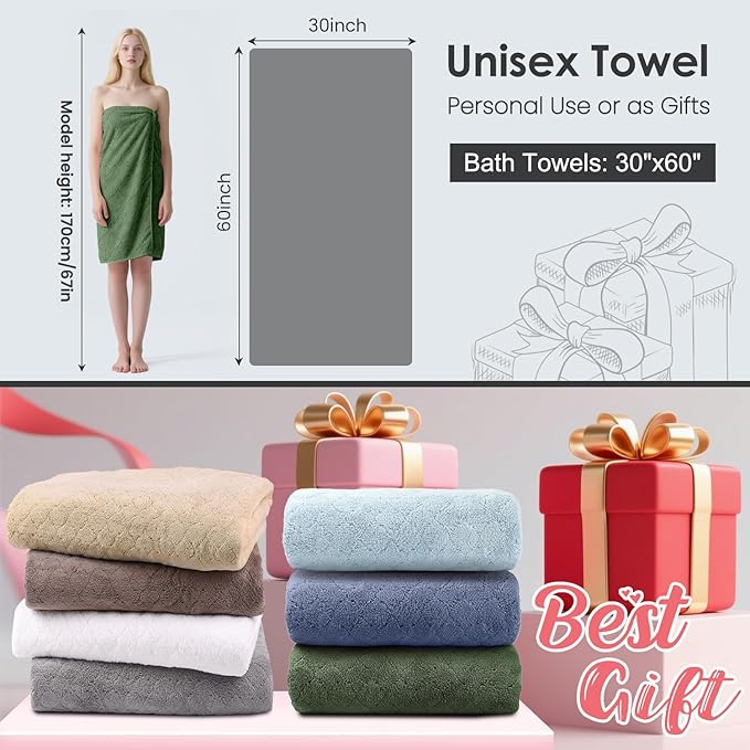 JML Pack of 4 Bath Towels, 30"x60", Large Microfiber Towel Set, Ultra Soft, Super Absorbent, Fast Drying, Perfect for Sauna, Shower, Pool, Sport, Travel, Fitness, SPA,Yoga, Coral Fleece-Olive-Green