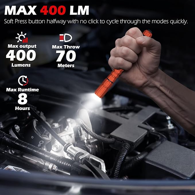 FORTO Rechargeable Pen Light Flashlight, 400 Lumens Small Pocket Flashlight with Clip, IP67 Waterproof, 2 Light Modes, 3-Color Battery Indicator, Type-C Charging, for Inspection,Emergency (Orange)