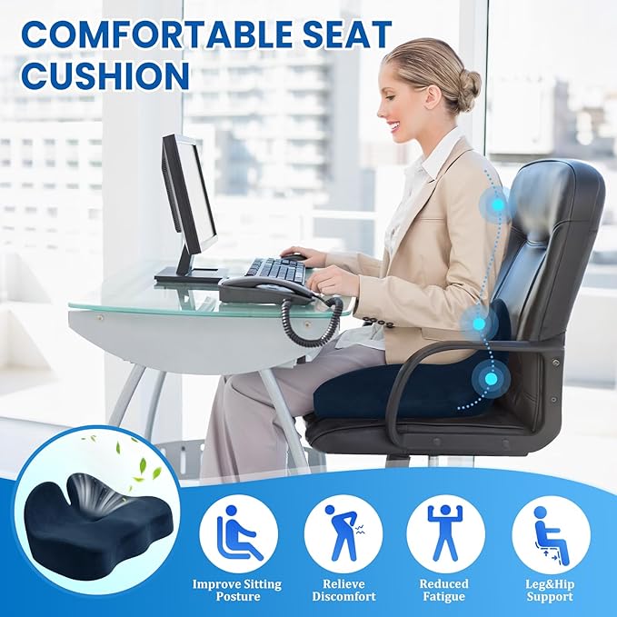 Seat Cushion, Memory Foam Office Chair Seat Cushion for Office Chairs/Car/Long Trip/Desk Chair/Gaming, X-Large Size for Sciatica & Hip & Tailbone Pain Relief, Sciatica Support (Blue)