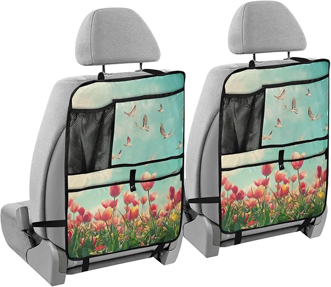 Beautiful Spring Tulips and Herringbone Birds 2 Pack Backseat Car Organizer with Storage Pockets Seat Back Organizers for Kids Kick Mats Backseat Protector Automotive