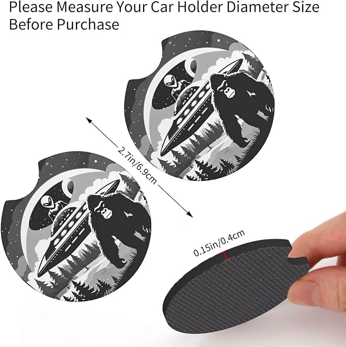 UFO Alien and Bigfoot Car Coasters for Cup Holders Pack of 2 Neoprene Cup Mat Pad Vehicle Interior Accessories for Men Women