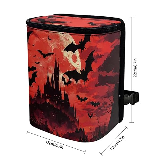 1.2 Gallons Car Trash Bin, Gothic Halloween Print Trash Can for Truck, Adjustable Hanging for Tail of Console/Back of Seats, Odor-Free with Zipper Leak-Proof Design, Mini Size for Convenience