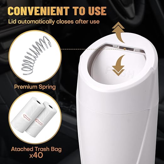 Car Trash Can Bin with Lid - 2 Packs Car Garbage Can Cup Holder - White Mini Leakproof Vehicle Trash Garbage Can Bin with 40pcs Trash Bags-Car Organizers and Storage for Front Back Seat Accessories