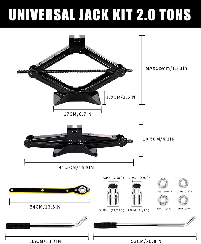 1.5-ton Scissor Jack in Your car's Roadside Emergency kit, Must-Have Spare tire Replacement Stand Tool for Your Vehicle, Telescoping Lug Nut Removal Tool, Ratchet Wrench, Tire Pressure Gauge (1.5T)