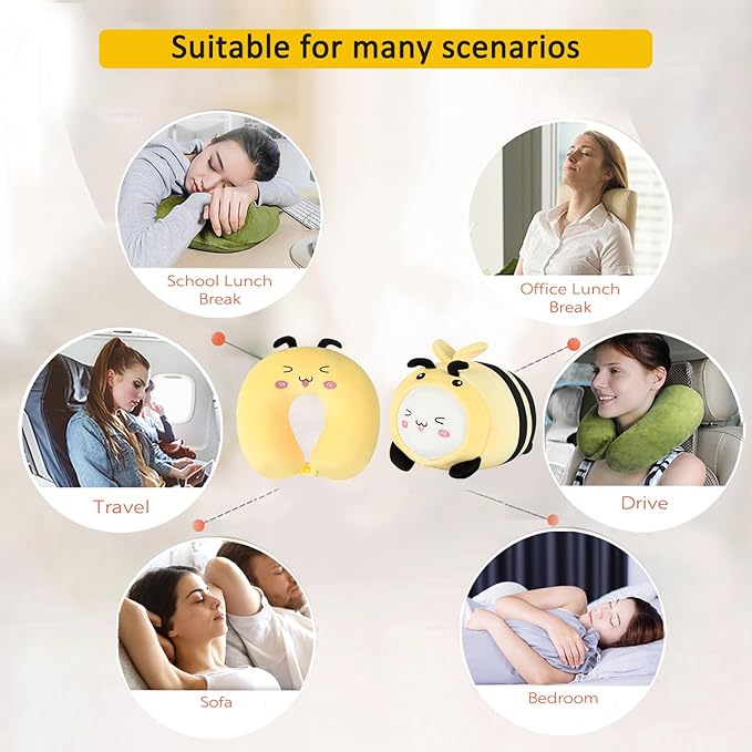 Kids Travel Pillow - 2-in-1 Deformable Kids Neck Pillow for Traveling, Soft U-Shaped Pillow with Adorable Animal Design, Comfy Sleep and Play, Ideal for Airplane Traveling - Yellow Bee