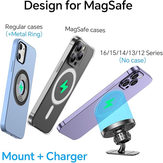 Kaistyle for MagSafe Car Mount Charger【Stronger Magnets】iPhone Magnetic Wireless Car Charger【Dashboard+Vent】 for Magsafe Charger Cell Phone Car Mount for iPhone 17 Pro Max 16 15 14 13 12 MagSafe Cases