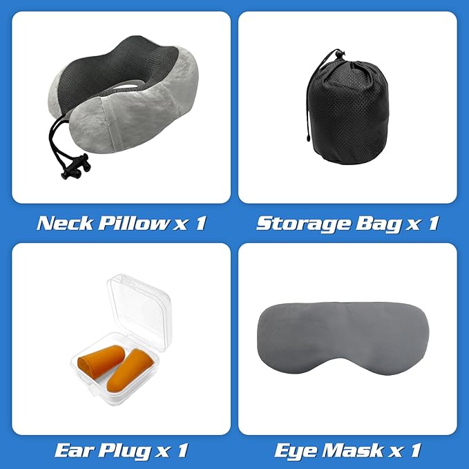 Travel Pillow 3-in-1 Memory Foam Ergonomic Neck Support Pillow for Airplanes with Ear Plugs & Eye Mask | Machine Washable Travel Pillow for Long Flights, Road Trips & Camping (Grey+Black)