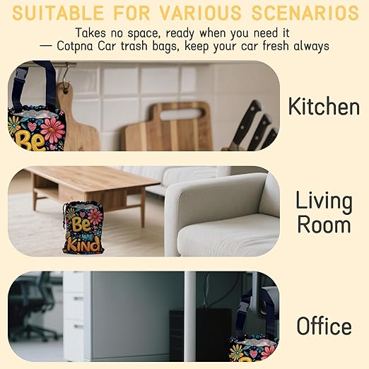 Be Kind Car Trash Bag,Watercolor Flowers Strap Drawstring Car Garbage Bags,Car Back Seat Organizer with Adjustable Buckle for Car Accessories