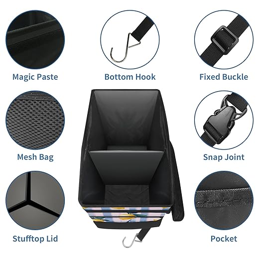 Car Trash Can with Lid, Portable Hanging Automotive Garbage Bin for Vehicles, Leakproof Waste Bag Container for SUV Truck Van Interior Auto Travel Road Trips(Lemons)