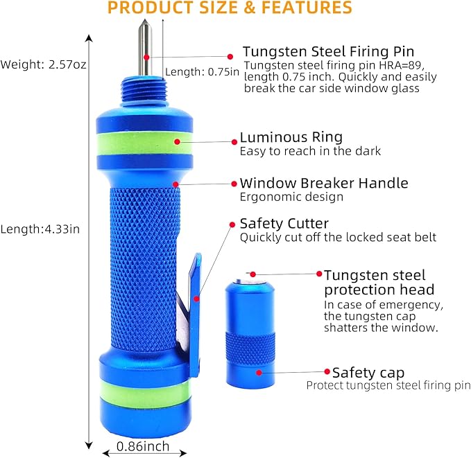 Allelic Car Window Breaker Tool, Window Breaker Seatbelt Cutter, Window Breaker, Glass Breaker, Spring-Loaded Window Breaker for Land & Underwater (Blue, 2 PCS)