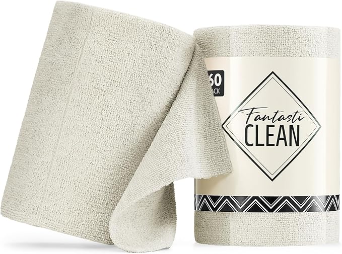 Fantasticlean Microfiber Cleaning Cloth Roll -60 Pack, Tear Away Paperless Towels, 8" x 8", Reusable Washable Rags, for House Kitchen, Pet, Office, Indoor Outdoor, Compact and Portable (Off-White)