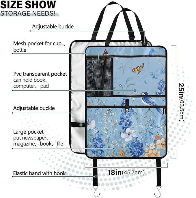 Light Blue Floral Bluebonnet Butterflies 1 Pack Backseat Car Organizer with Storage Pockets Seat Back Organizers for Kids Kick Mats Backseat Protector Automotive