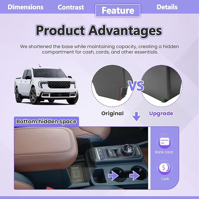 RUNROAD Center Console Storage Box Compatible with 2022 2023 2024 2025 2026 Ford Maverick Accessories, Armrest Trash Can For Maverick Insert Middle Console Organizer Bin Multi-Function Cup Holder