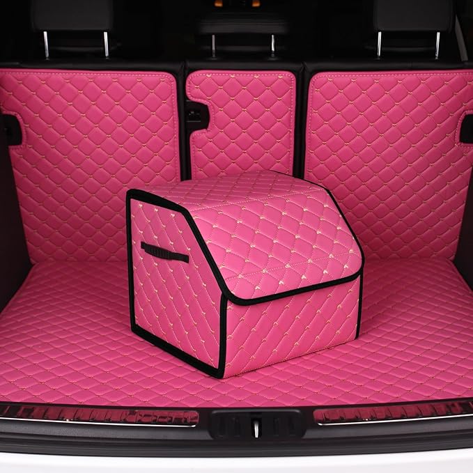 car organizers and storage for SUV,trunk organizer for sedan, leather foldable sleek box with lid,collapsible cargo bins, tool accessories containers,Pink women (12.99 inch)