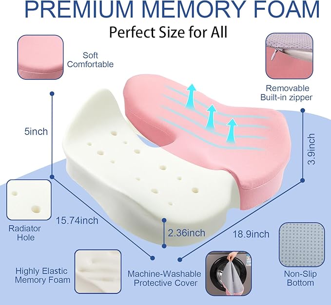 X Large Memory Foam Seat Cushion for Office Chair,for Back Support, Relief Sciatica & Tailbone Coccyx Pain Relief Cushion Pillow, for Long Sitting, for Car/Office Chair/Wheelchair (Pink)