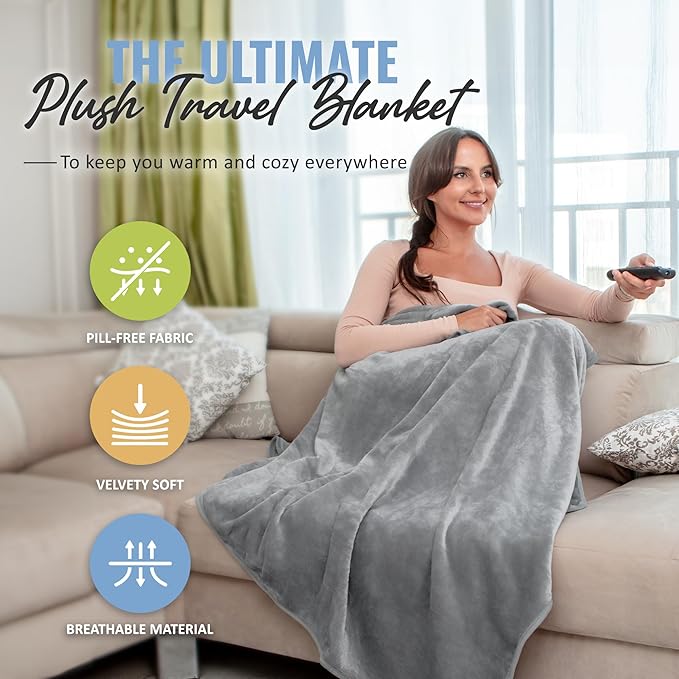 BOACAY Soft & Warm Travel Blanket for Airplane & Car - Long Flight Essential for Women, Men, Kids - Compact Pillow with Luggage Sleeve & Backpack Clip