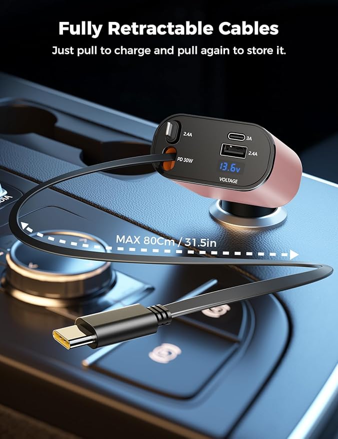 【Upgraded】 SUPERONE Retractable Car Charger 4 in 1, Fast Car Phone Charger with Cord 2.6ft, USB C Car Charger Adapter, Compatible with iPhone 17/16/15/15 Pro Max/14/13/12/11, Galaxy, Pixel