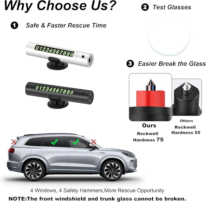 Upgraded 2026 Safe Hammer Glass Breaker Flashlight Car Parking Card, Car Hammer Seatbelt Cutter Window Breaker Emergency Escape Tool Glass Breaker Emergency Seat Belt Cutter (2 Pack (Black & White))