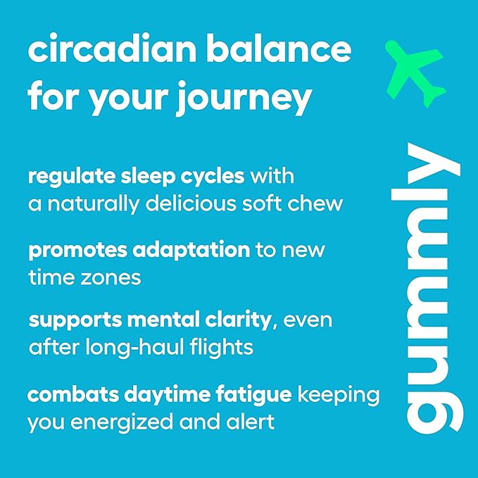 Jet Lag Remedy for Travel Gummies • No Jet Lag Pills Alternative • Travel Essentials • Support Adjustment to Time Zones and Circadian Rhythm • Delicious Tropical Berry Flavor • 20 Gummies 3-5 Trips