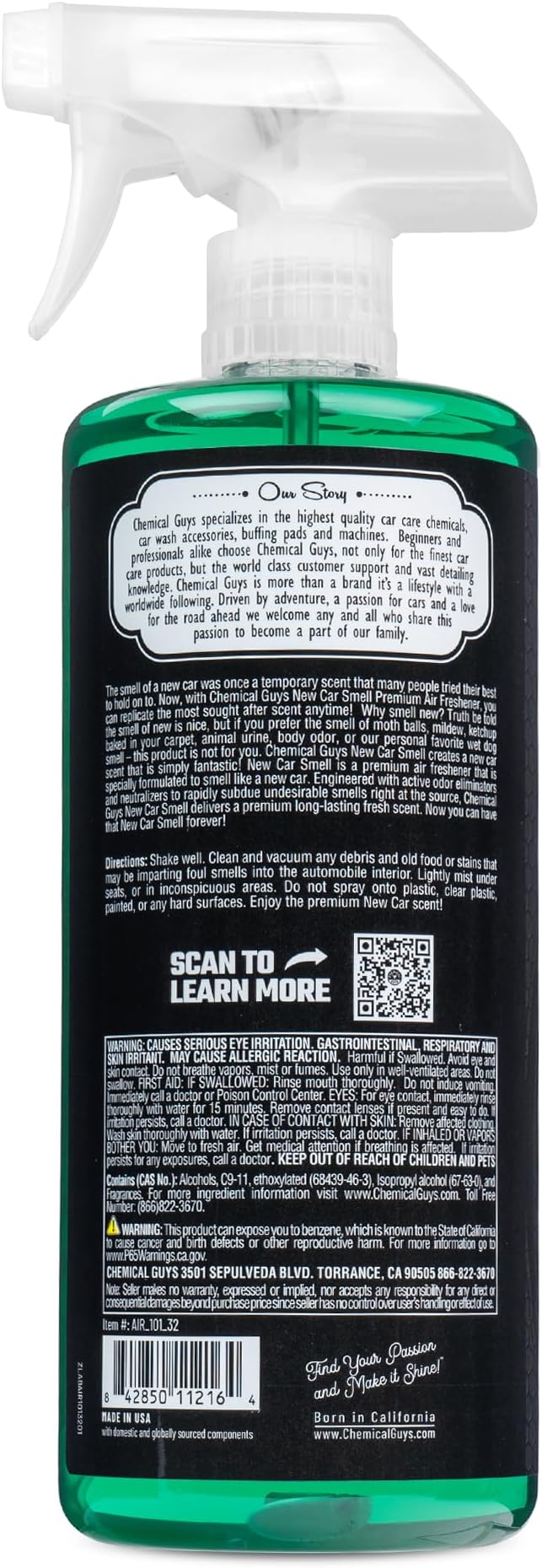 Chemical Guys New Car Smell Premium Air Freshener & Odor Eliminator - Fresh Interior Scent Spray for Cars, Trucks, SUVs, RVs, and More - Use in Home, Office, or Garage - 32 oz