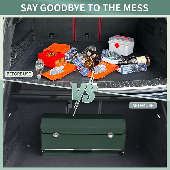 Car Trunk Organizer, Leather Trunk Organizer with Lid and Push-pull Handle Car Trunk Storage Box for SUV, Minivan, Truck, Sedan (Green, 27.1 x 11.4 x 12.2in)