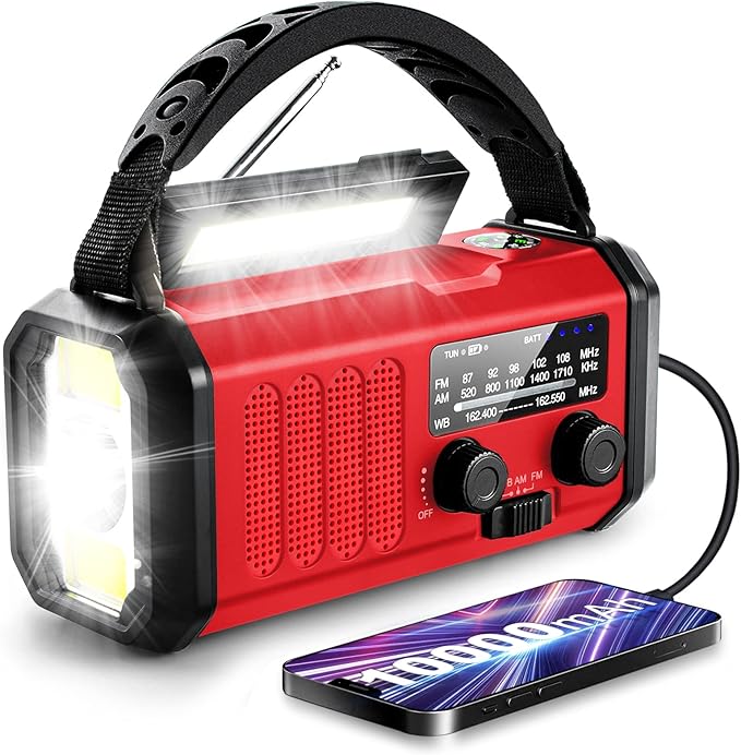 Emergency Crank Radio10000mAh/37000mWh AM/FM/NOAA Weather Radio, Solar/Hand Crank/USB Charging, LED Flashlight and Cell Phone Charger for Valentines Day Gifts Outdoor, Camping & Home Emergencies