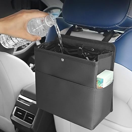 Foldable Car Trash Can, Hanging Car Garbage Can for Back Seat and Front Seat, Leather Automotive Garbage Organizer Bin for SUVs, Vans, and Trucks (No Garbage Bag)