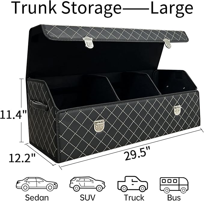 Trunk Organizer for Car With Lid,Foldable Trunk Organizer for SUVs & Sedans,Multi-Functional Leather Storage Box - Black Grid - Large