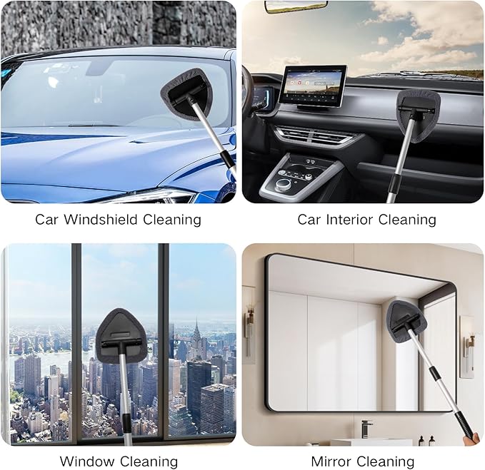 10pcs Windshield Cleaner Tool, Car Window Cleaning Wash Kit with 4 Reusable Microfiber Pads 1 Spray Bottle and Extendable Handle Auto Glass Wiper Kit, Blue&Gray