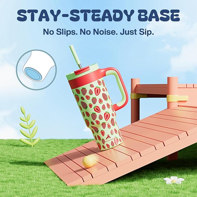 24 oz Metal Tumbler Cup for Girls: Easy Grip Handle, Leak-Proof when Sealed, Easy to Clean, Double Wall Vacuum Cup for Home, School, Daycare, Party, Picnic, Hiking, Travel, Gift (Strawberry Pop)