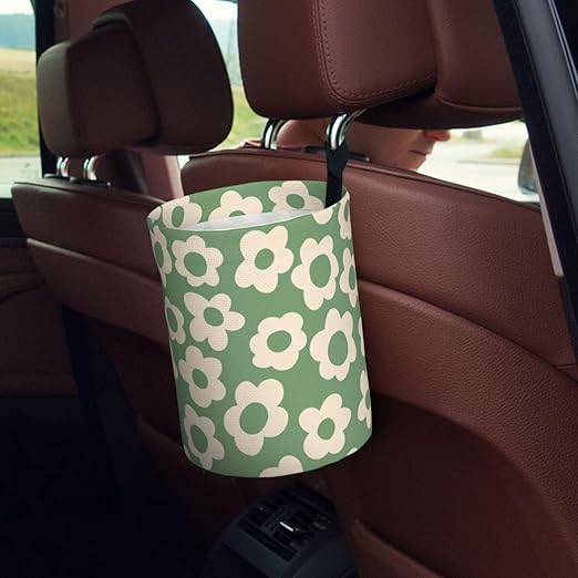Car Trash Bag Vintage Green Groovy Flowers Waterproof Trash Small Car Can Portable Collapsible Car Garbage Can Hanging for Back Seat Floor or Hanging Headrest Car Decor Road Trip Essentials