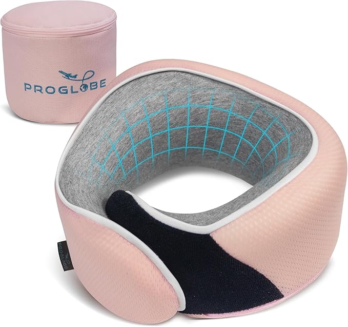 Proglobe Junior Kids Travel Neck Pillow - Ergonomic Memory Foam Pillow for Airplane, Car, Booster Seat - Soft, Washable, Compact Travel Pillow with Strap - Light Pink - Ages 4-13