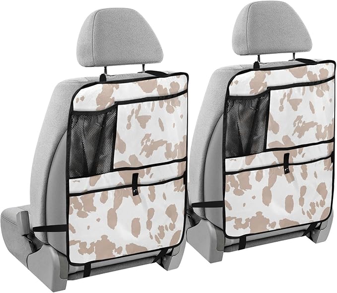 1 Pack Backseat Car Organizer with Storage Pockets Seat Back Organizers for Kids Kick Mats Backseat Protector Automotive Cow Print Brown
