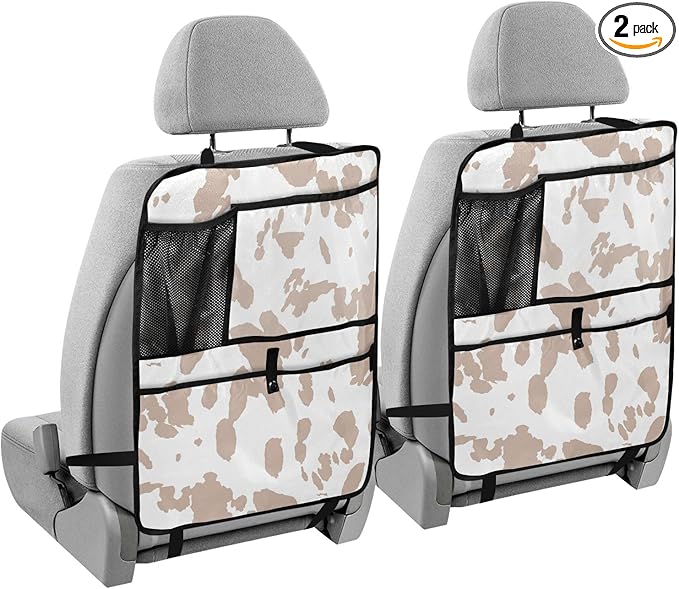 2 Pack Backseat Car Organizer with Storage Pockets Seat Back Organizers for Kids Kick Mats Backseat Protector Automotive Cow Print Brown