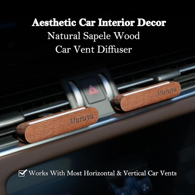 [2-Pack] Natural Sapele Wood Car Diffuser with Vent Clip, Refillable Car Air Freshener for your own Essential Oils (No Oils Included), Premium Auto Interior Accessories