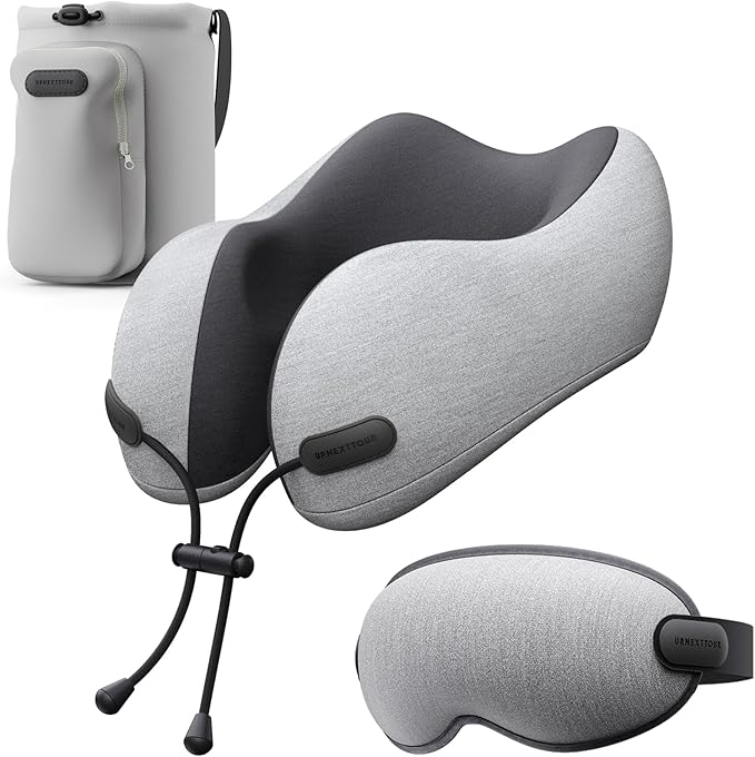 Neck Pillow for Travel Memory Foam Design Models Pillows with Zero Eye Pressure 3D Eye Mask and Compact Bag Traveling Essentials Plane Car Flight Rest Sleeping Use Adult, Light Gray