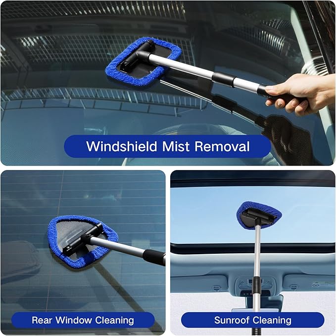 10pcs Windshield Cleaner Tool, Car Window Cleaning Wash Kit with 4 Reusable Microfiber Pads 1 Spray Bottle and Extendable Handle Auto Glass Wiper Kit, Blue