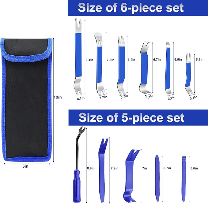 11 PCS AutoTrim Removal Tool Kit, Metal Pry Tool Auto Fastener Remover Pry Bar Set Trim Remover Kits for Vehicle Door Panel, Audio Radio Panel, Dashboard Repair Kit Blue