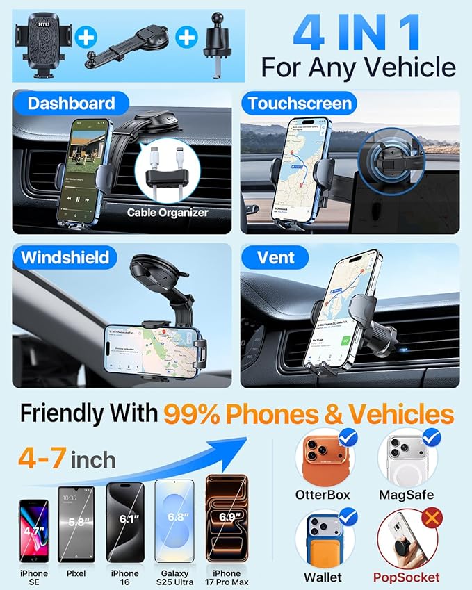 HTU Upgraded Strongest Suction Car Phone Holder Bendable Arm, Never Block View Rotatable Cellphone Mount for Dashboard Windshield Vent, Cradle Stand for iPhone 17 16 15 14 13 12 Pro Max (Black)