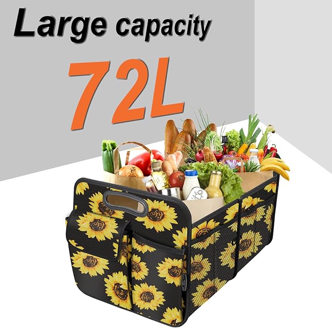 Trunk Organizer, Collapsible Trunk Organizers and Storage, Car Accessories for Women and Men, Multi-Compartment Trunk Storage Organizer for SUV, Car, Mini-Van - Sunflower