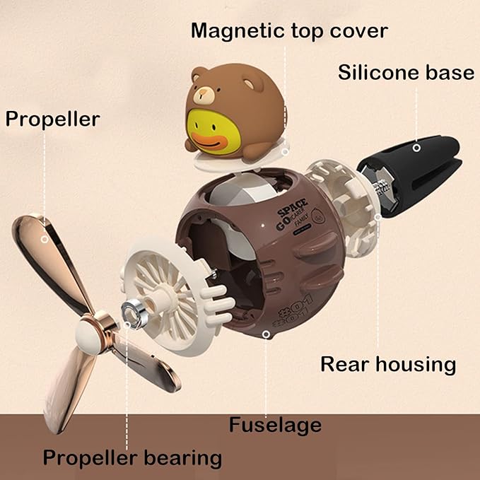 2 Pieces Car Air Fresheners, Cute Bear Pilot Car Diffuser, Propeller Air Outlet Vent Fresheners, Automotive Interiors Vent Decoration (Black+Brown)