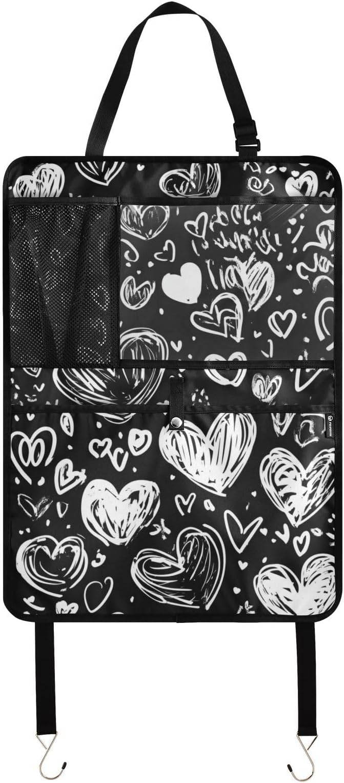 White Dodle Hearts 1 Pack Backseat Car Organizer with Storage Pockets Seat Back Organizers for Kids Kick Mats Backseat Protector Automotive