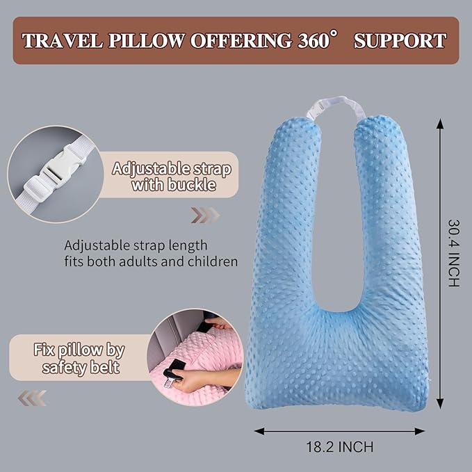 Travel Pillow for Kids Adult, Pillow for Car Sleeping Ultra Large U-Shaped with Removable Soft Cover Support Fix Neck and Body Sitting/Sleeping on The Trip (Blue)