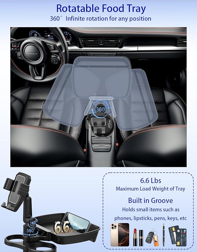 Car Cup Holder Tray - 4 in 1 Adjustable Car Cup Holder Expander with 360° Rotatable Food Tray Table and Phone Mount for Driver and Front Passenger, Automotive Road Trip Essentials