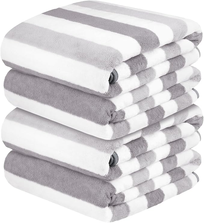 JML Bath Towels, Pack of 4, 30"x60", Large Microfiber Towel Set, Ultra Soft, Super Absorbent, Fast Drying, Perfect for Suana, Shower, Pool, Sport, Travel, Fitness, SPA,Yoga, Cabana Stripe Grey