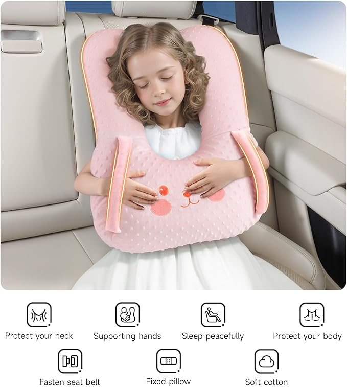 BEBAS U-Shaped Kids Travel Pillow for Car - Comfortable Neck and Head Support Pillow for Sleeping on Long Trips, Cute Cartoon Design, Ideal for Car Seats, Booster and Home Use, Great Gift Idea（Pink）