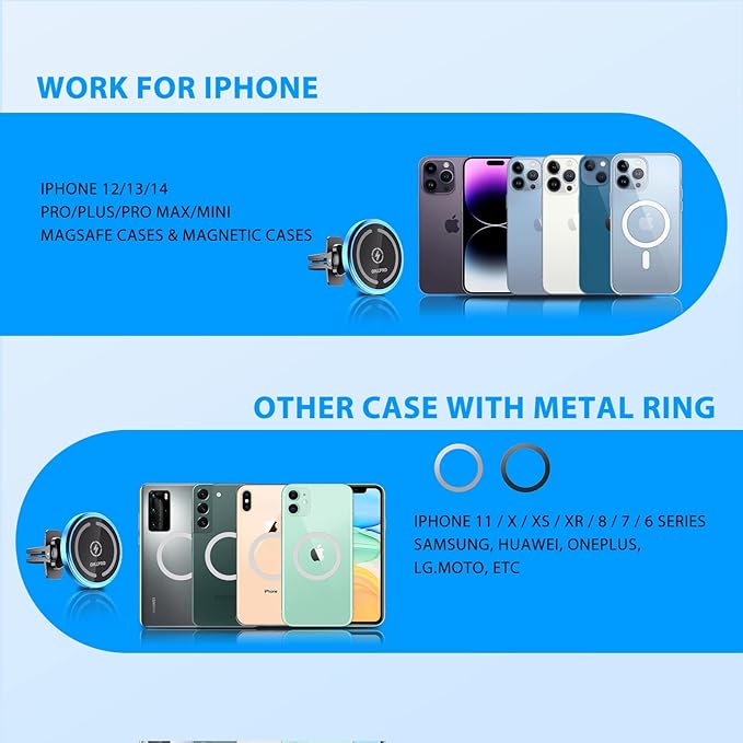 OHLPRO for iPhone 17 Pro Max Magsafe Car Mount Charger, 15W Fast Charging Dashboard Magnetic Car Phone Holder with Vent Clip and 3M Adhesive Base for iPhone 16 15 14 13 12 Series, Blue