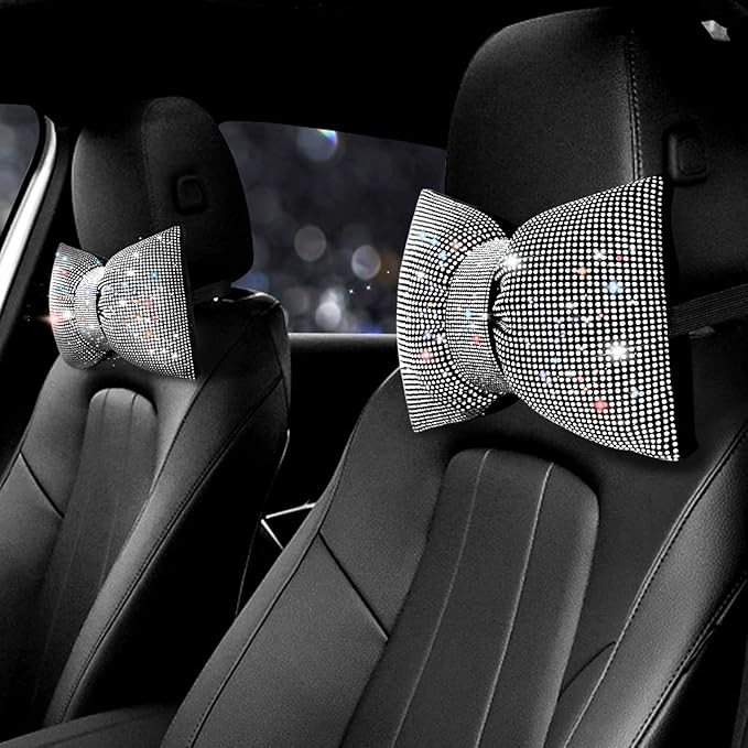 surpassme 2PCS Rhinestone Car Headrest Neck Pillow for Driving with Bling Bling Crystal Bow Pillow Car Accessories for Women (Silver/White)